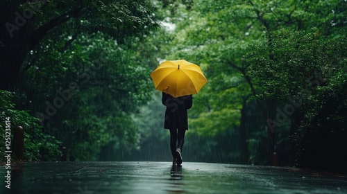 Woman walking alone in rain with yellow umbrella.