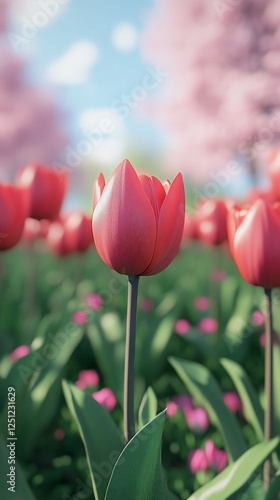 Pink tulips blossom in spring garden