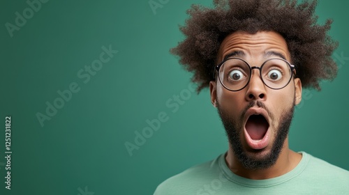 An astonished young man with curly hair and glasses opens his mouth in shock, standing against a vibrant green background that enhances his expression.