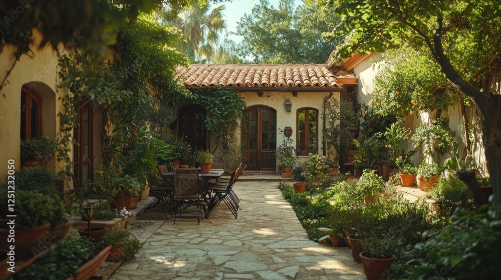 Fototapeta premium Mediterranean courtyard patio garden furniture sunlight