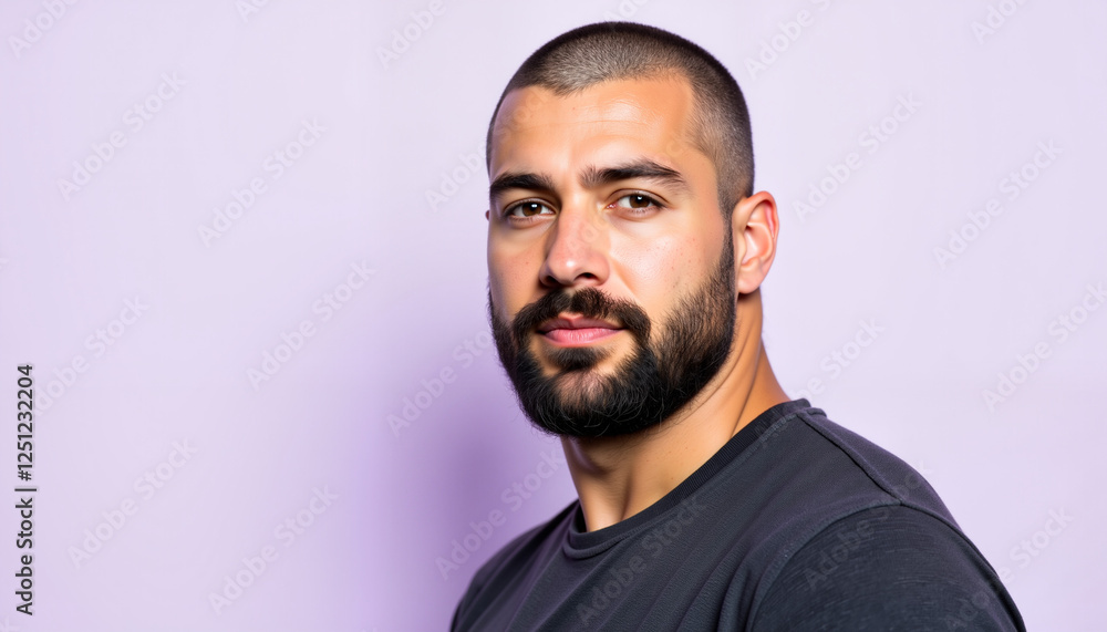 Strong man with serious yet approachable expression against gradient background, confidence Strong man with serious yet approachable expression against gradient background, confidence