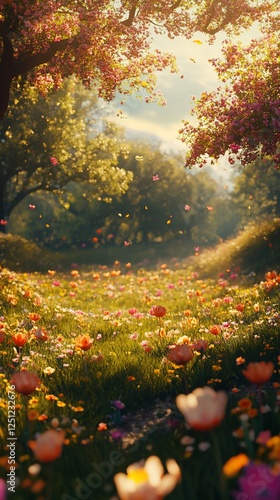 Sunlit spring meadow, flowers bloom, idyllic landscape, peaceful scene, nature background