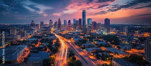 Sunset Dallas skyline, highway traffic, urban sprawl