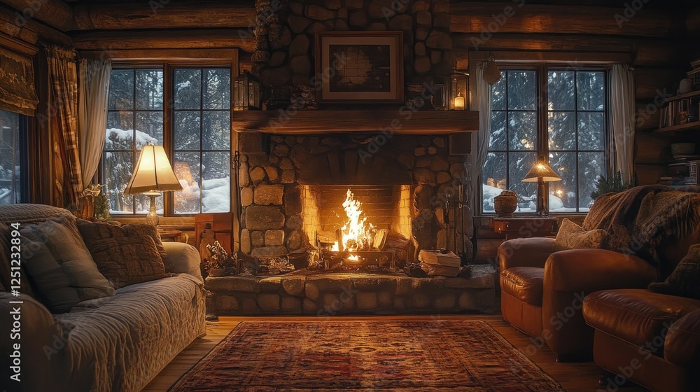 Fototapeta premium Cozy cabin fireplace winter snow scene, warm interior
