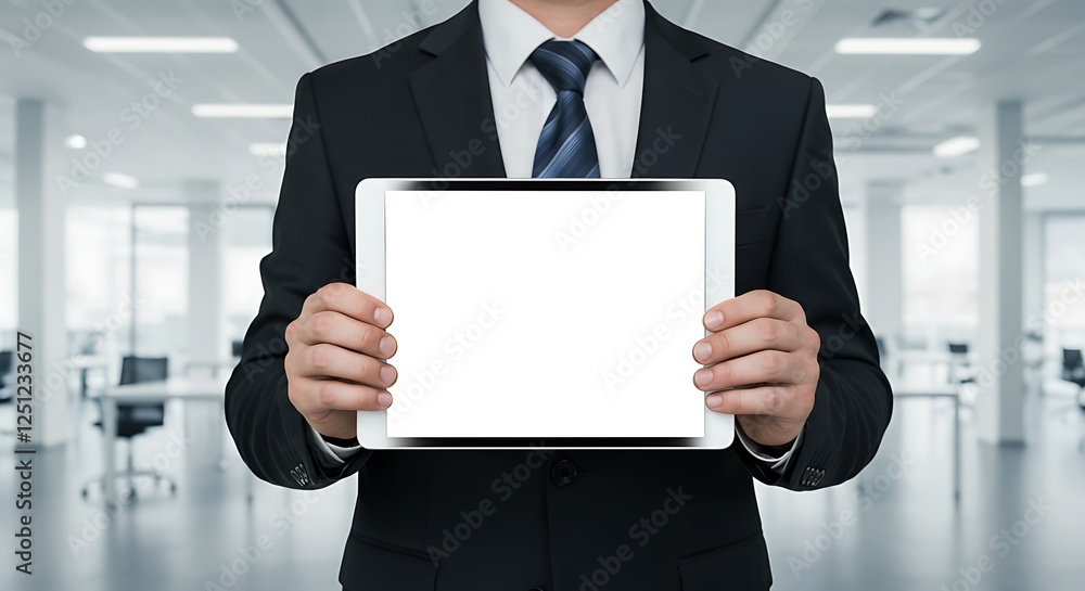 Businessman Holding Tablet with Blank Screen in Modern Office Space Businessman Holding Tablet with Blank Screen in Modern Office Space