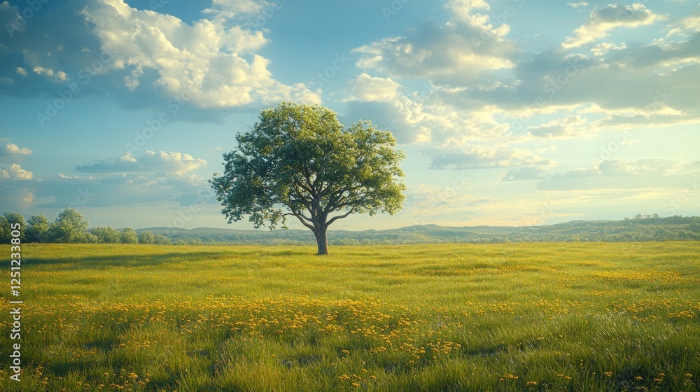 Fototapeta premium Lone tree meadow sunset, idyllic rural landscape, springtime
