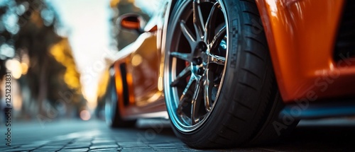 Orange sports car tire close-up, city street