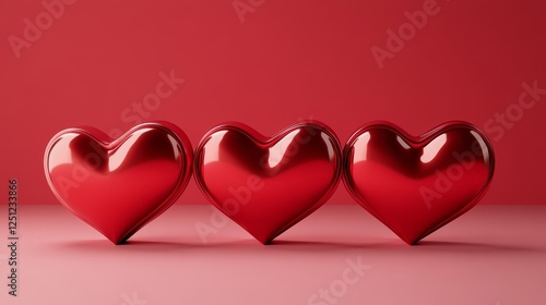 Three Shiny Red Hearts - Three glossy red hearts arranged in a row against a solid red background. Perfect for Valentine's Day or love-themed projects. photo