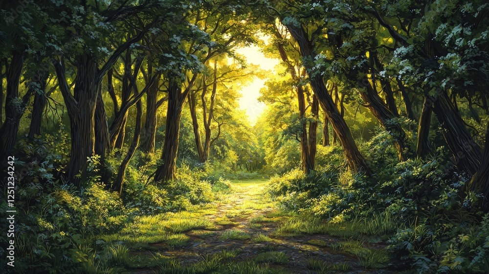 Fototapeta premium Sunlit Forest Path: A Serene Walk Through Nature's Embrace