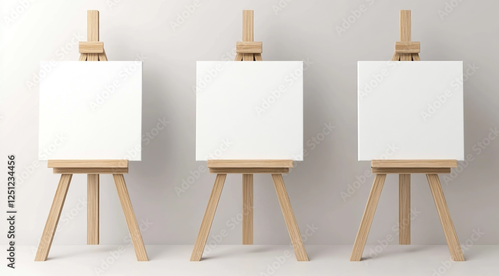 Three empty wooden easels with blank white canvases, against a neutral background. Three empty wooden easels with blank white canvases, against a neutral background.