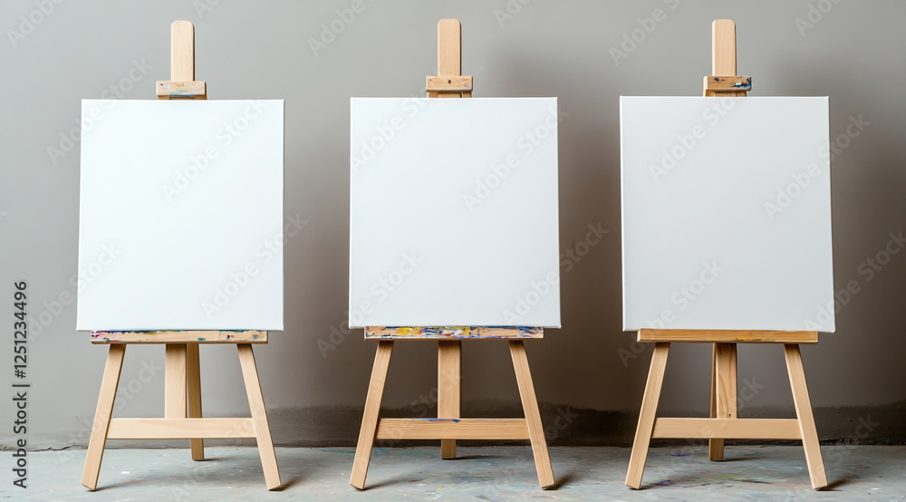Three empty wooden easels with blank white canvases, against a neutral background. Three empty wooden easels with blank white canvases, against a neutral background.