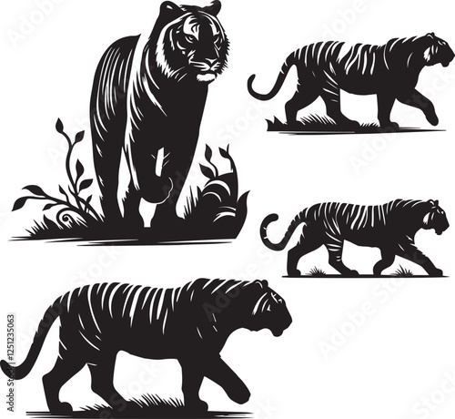 set of Bengal Tiger walking poses, Bengal tiger walking silhouette, Bengal tiger stride vector, black and white tiger walking, tiger walking poses set, tiger motion illustration
