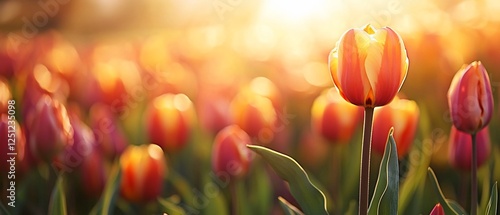 Sunset tulips field, spring floral background, nature beauty