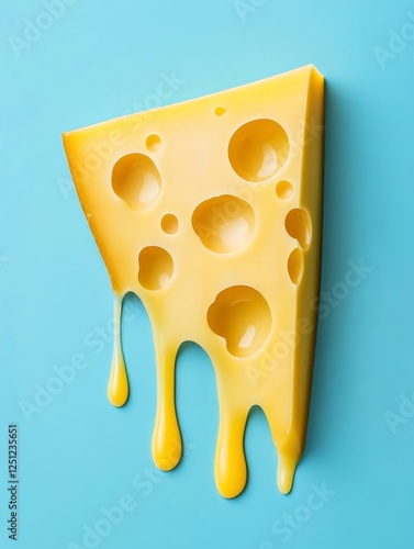 Melted Cheese Wedge - A wedge of Swiss cheese with holes, melting and dripping, on a light blue background. Symbolizing: deliciousness, indulgence, richness, comfort food, dairy. photo