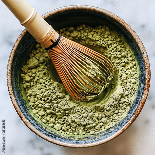 close up of matcha cup with vibrant saturated green color next to bamboo whisk  photo