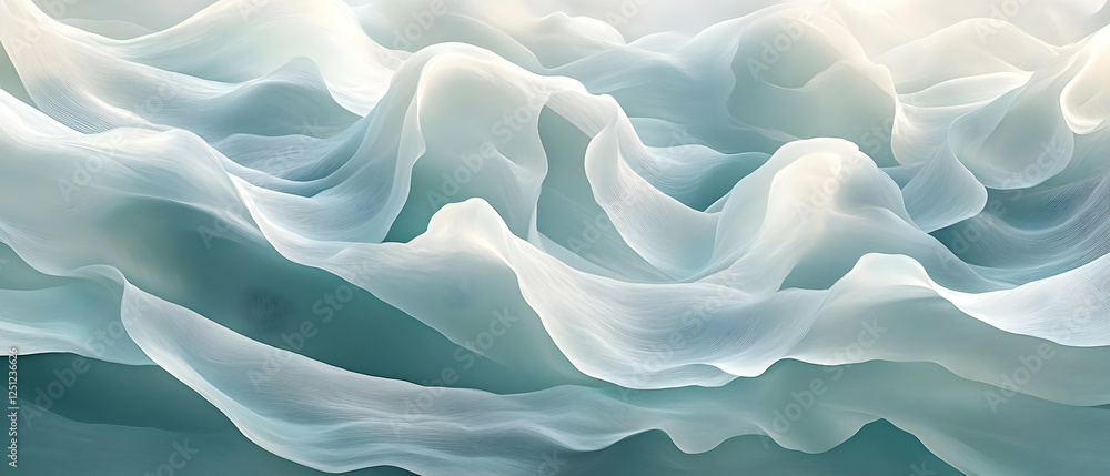 Obraz premium Flowing teal fabric, soft waves, light background, design texture