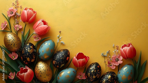 Chic Easter arrangement. Vertical top view featuring sophisticated black and gold eggs and a dainty tulip arrayed on a bright yellow canvas with space for messages or promotions.