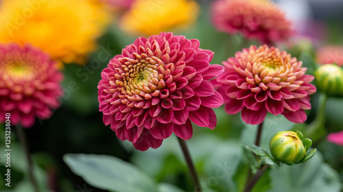 Vibrant summer flowers in full bloom, rich colors, soft-focus background