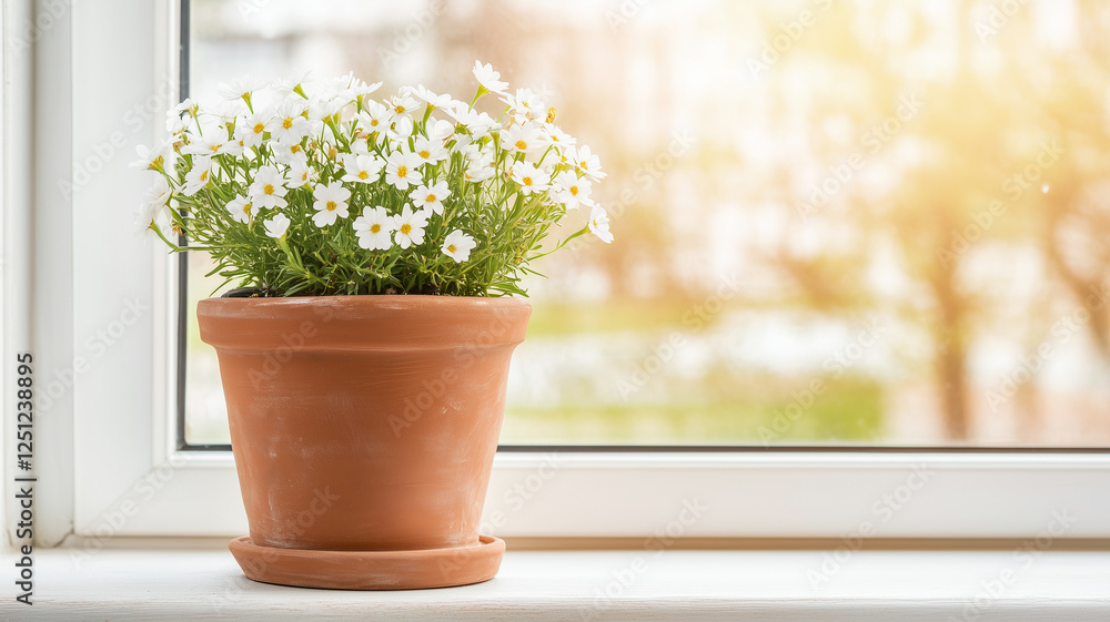 beautiful potted plant with white flowers sits on windowsill, basking in warm sunlight. vibrant greenery and delicate blooms create serene atmosphere, perfect for brightening any space beautiful potted plant with white flowers sits on windowsill, basking in warm sunlight. vibrant greenery and delicate blooms create serene atmosphere, perfect for brightening any space