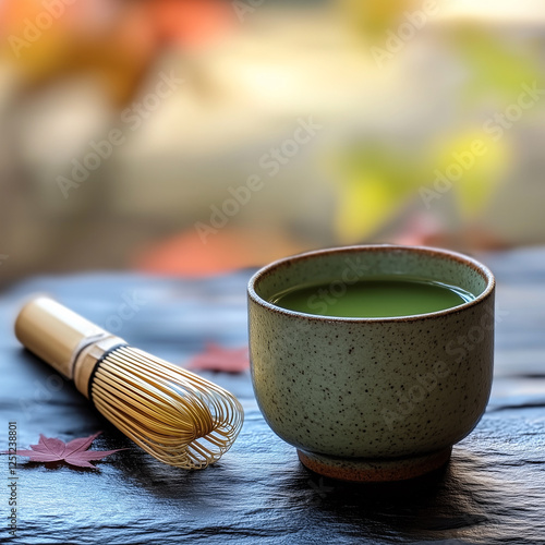 close up of matcha cup with vibrant saturated green color next to bamboo whisk  photo