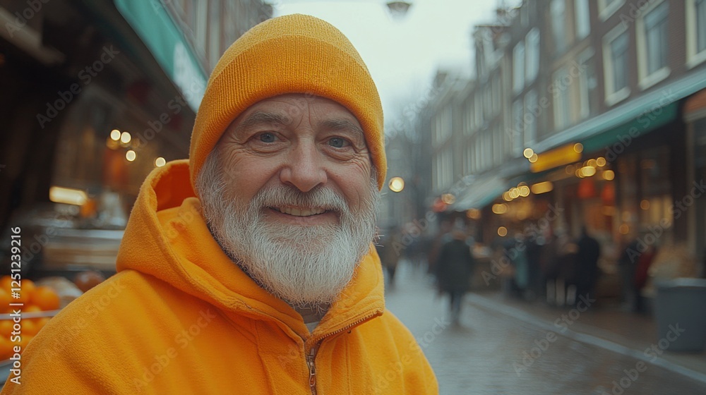 Smiling Man with Orange Hat and Hoodie on a City Street Smiling Man with Orange Hat and Hoodie on a City Street