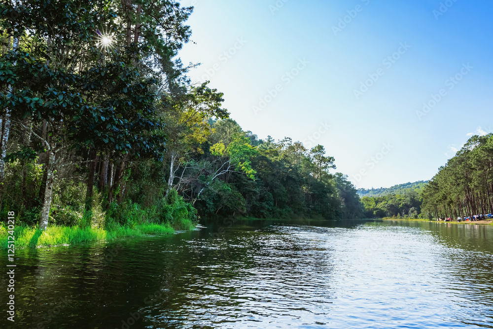 Beautiful destination nature lake and forest of Pang Oung lake and pine forest in Mae Hong Son, Thailand. Nature landscape. Environmental friendly outdoor activity and camping surrounded by valley. Beautiful destination nature lake and forest of Pang Oung lake and pine forest in Mae Hong Son, Thailand. Nature landscape. Environmental friendly outdoor activity and camping surrounded by valley.