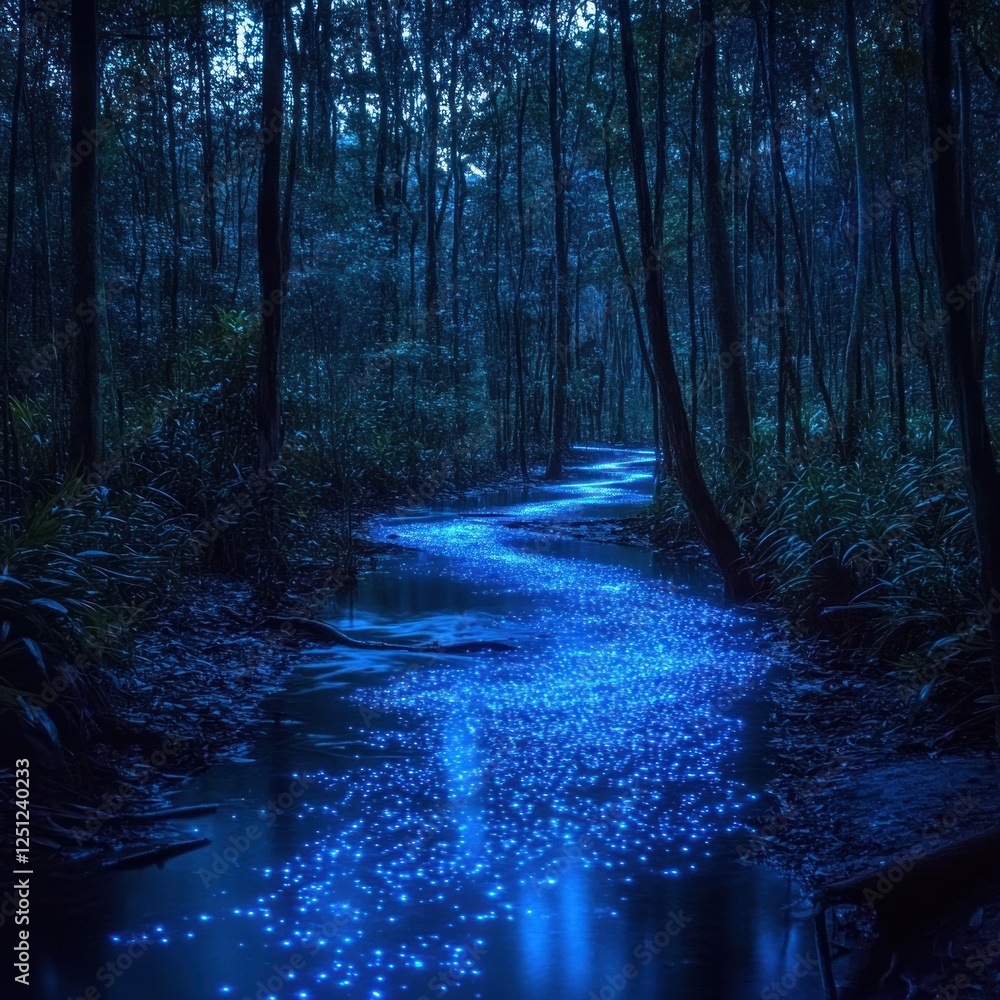 Bioluminescent river flows through dark forest at night; fantasy background Bioluminescent river flows through dark forest at night; fantasy background