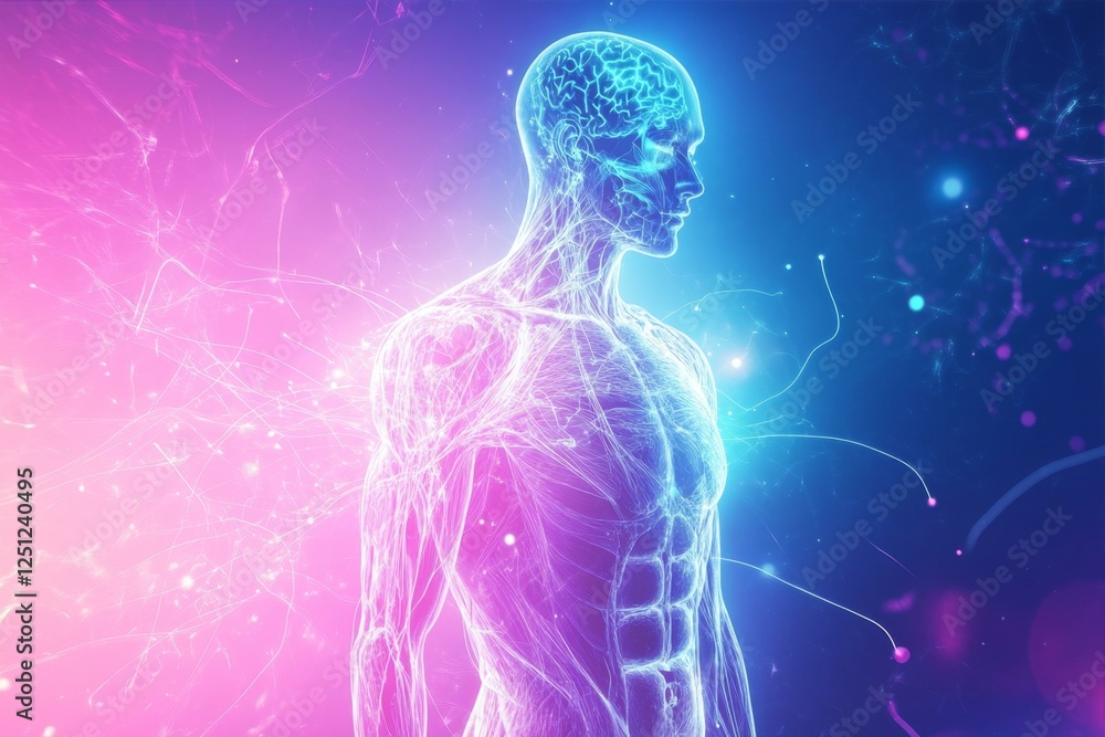 Human Anatomy Digital Rendering Body and Brain Structure Connection Complex Neurological Network Glow Human Anatomy Digital Rendering Body and Brain Structure Connection Complex Neurological Network Glow