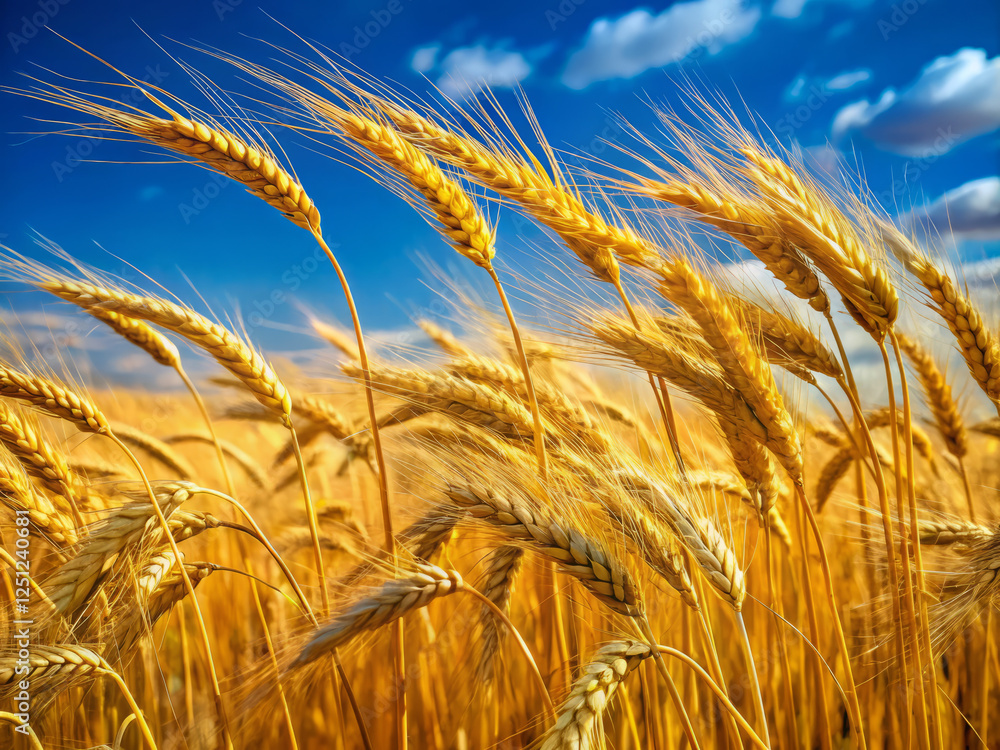 Golden wheat stalks sway rhythmically under bright blue sky, creating serene landscape Golden wheat stalks sway rhythmically under bright blue sky, creating serene landscape
