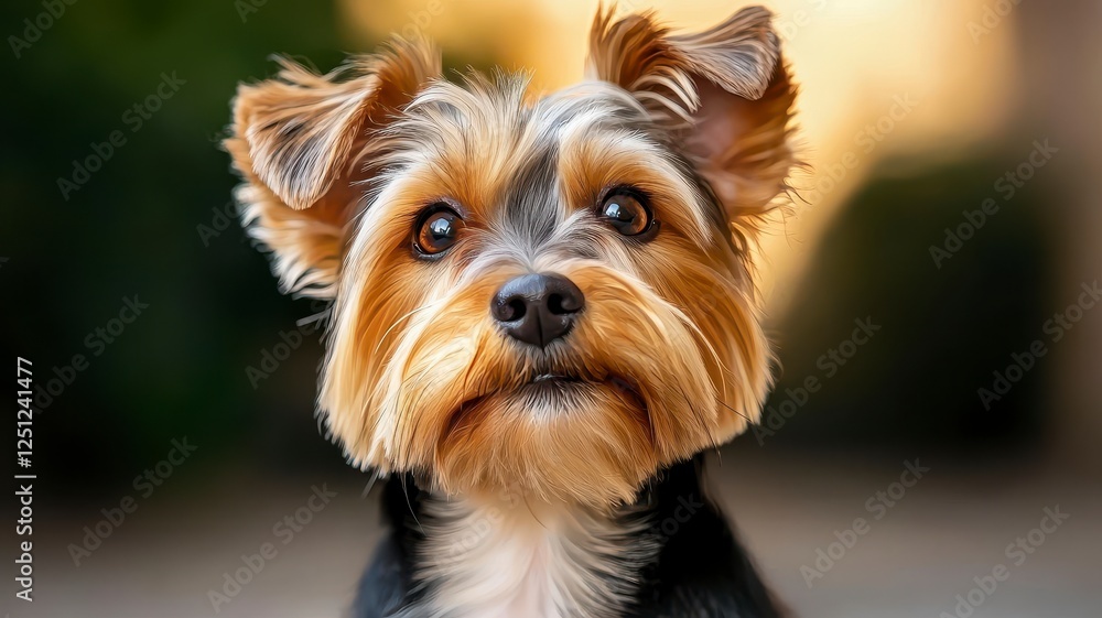 Dog breed terrier loyalty concept. A close-up of a small dog with a fluffy coat, showcasing its expressive eyes and perky ears, set against a blurred background. Dog breed terrier loyalty concept. A close-up of a small dog with a fluffy coat, showcasing its expressive eyes and perky ears, set against a blurred background.