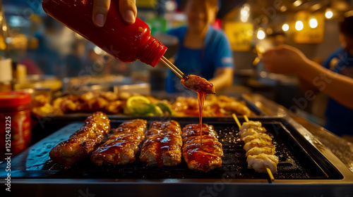 In the food court, an iron grill with meat being drizzled in brown sweet and sour sauce from a red bottle. photo