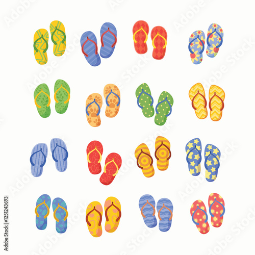 Colorful Flip Flops Slippers Collection with Various Patterns and Designs for Summer Wear in Hand Drawn Flat Style