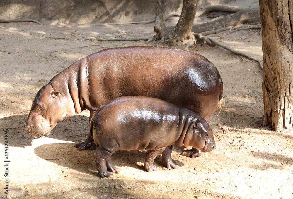 Adorable 6 months old Pygmy Hippo calf compared to her mother Adorable 6 months old Pygmy Hippo calf compared to her mother