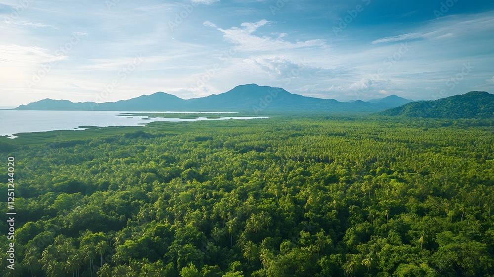 Obraz premium Lush green landscape stretching under a bright sky, expansive forest with distant mountains, serene nature scene inviting exploration.