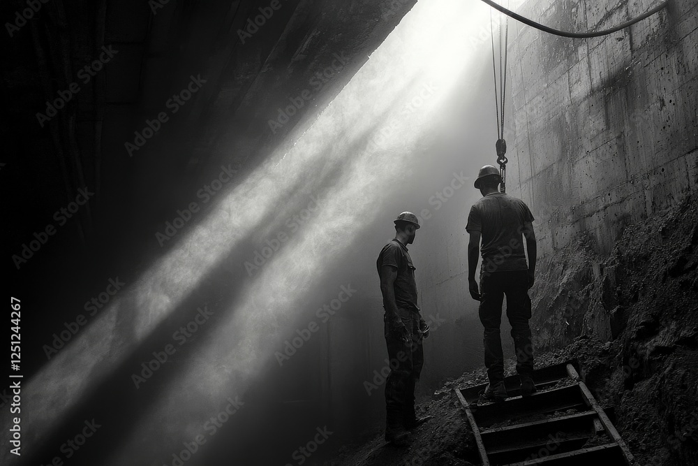Two Workers Stand in Dim Tunnel Under Bright Light Rays with Shadows in Industrial Construction Scene Two Workers Stand in Dim Tunnel Under Bright Light Rays with Shadows in Industrial Construction Scene