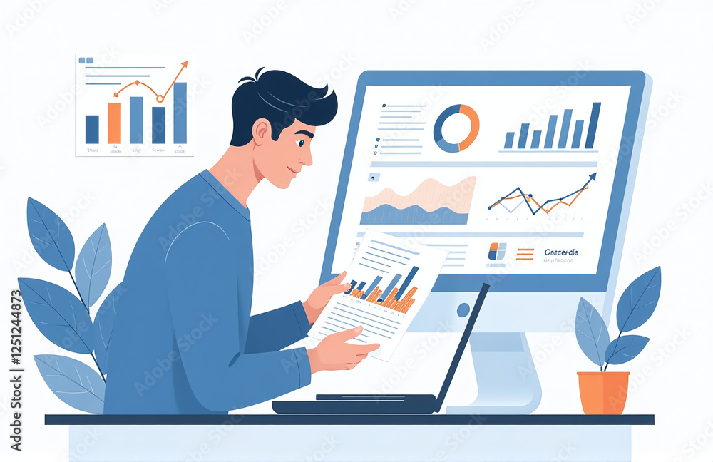 Business Analyst Works On Reports With Key Performance Indicators And Metrics Connected To A Database In Corporate Finance And Marketing. 00001 Business Analyst Works On Reports With Key Performance Indicators And Metrics Connected To A Database In Corporate Finance And Marketing. 00001