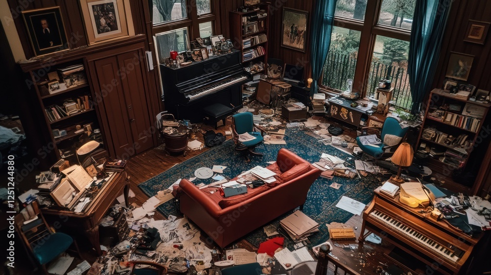 Messy writer's study, papers strewn, mansion, autumn view Messy writer's study, papers strewn, mansion, autumn view