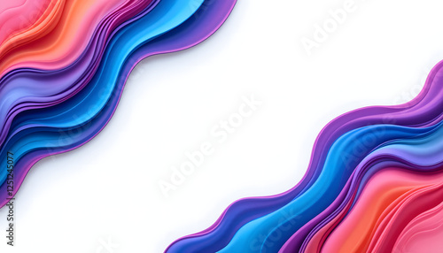 A vibrant, colorful 3D fluid texture with neon blues, purples, and pinks flowing around a clean white space. The glossy, swirling waves create depth, making it ideal for modern designs and digital bac