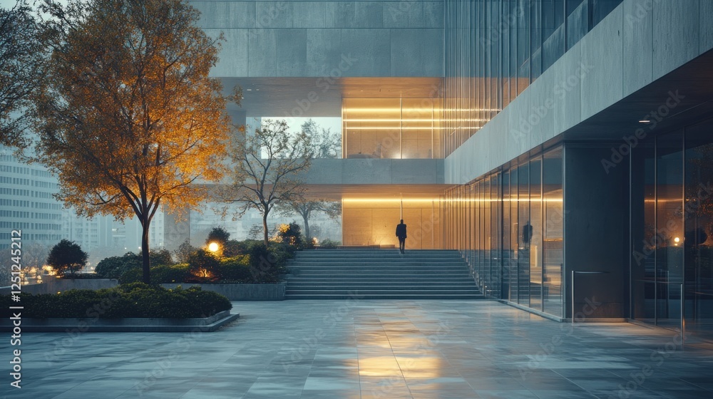 Person entering modern building, foggy city background, autumn, stairs, corporate Person entering modern building, foggy city background, autumn, stairs, corporate