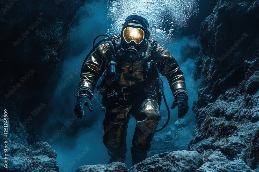 Fototapeta premium Diver exploring Icelandic lava tube, underwater adventure, geothermal background, science exploration