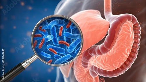 Magnified view of bacteria in the digestive system, illustrating gut microbiome. photo