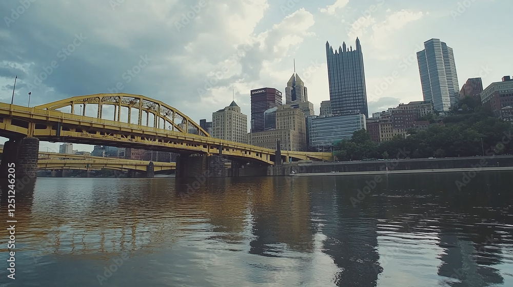 Dramatic view of yellow bridge in Pittsburgh city skyline Dramatic view of yellow bridge in Pittsburgh city skyline