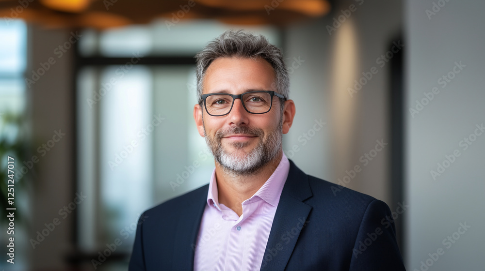 Professional man in suit with glasses, smiling confidently in office setting Professional man in suit with glasses, smiling confidently in office setting