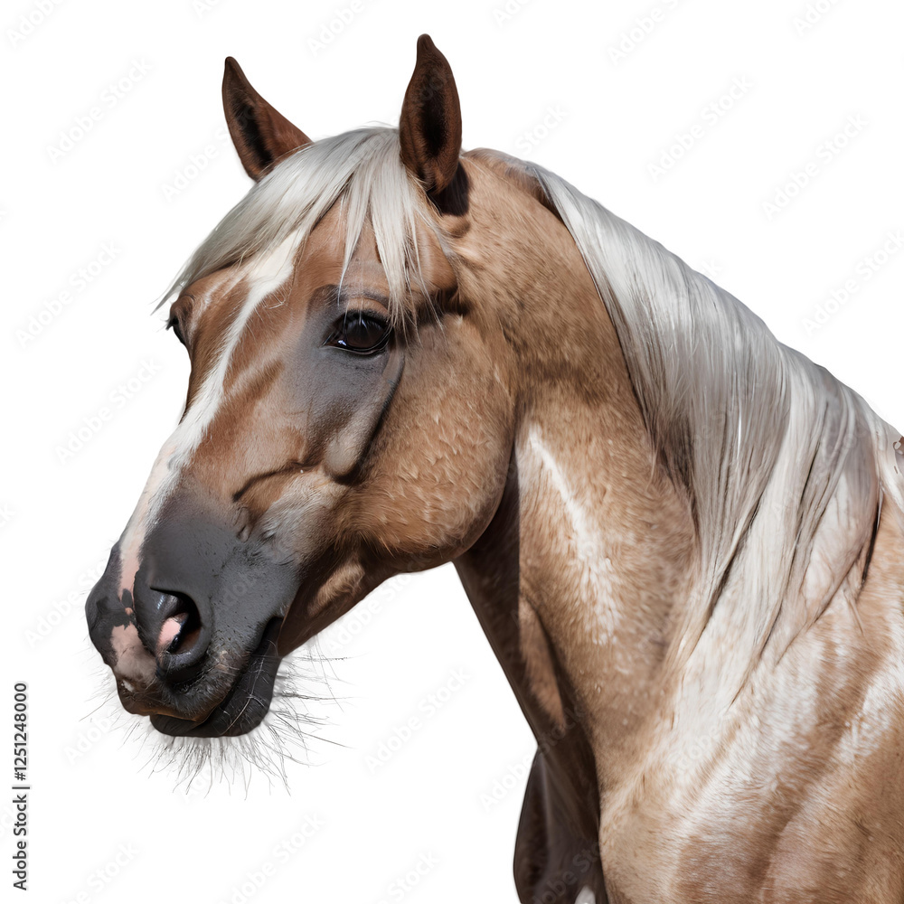 Fototapeta premium Portrait of dun horse with blond mane posing on white background IA