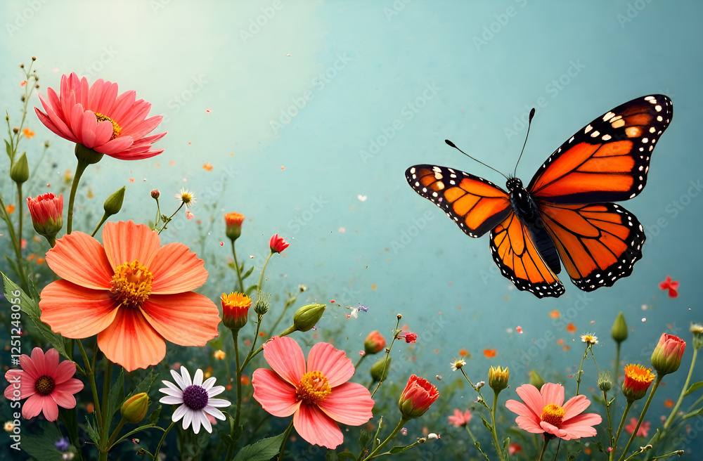 Natural composition with flowers and butterflies, template, postcard. Selective focus, blurred background. Natural composition with flowers and butterflies, template, postcard. Selective focus, blurred background.