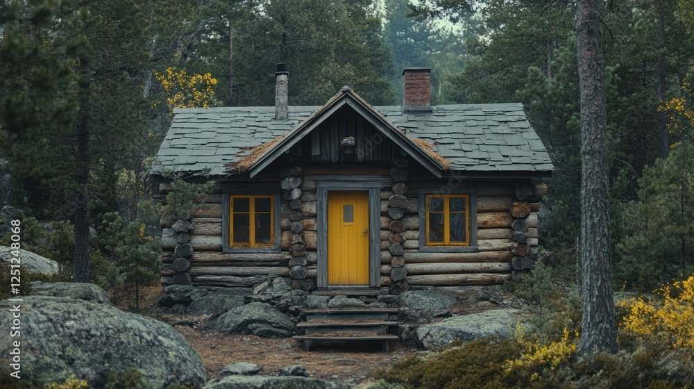 Rustic log cabin, forest setting, misty day, autumnal foliage, tranquil escape Rustic log cabin, forest setting, misty day, autumnal foliage, tranquil escape