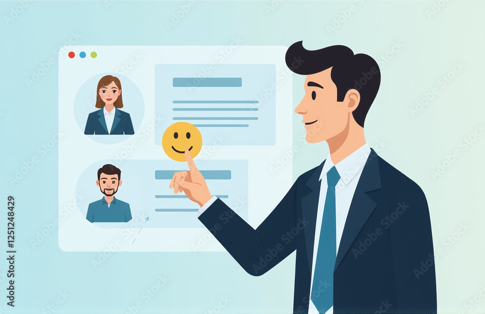 Businessman Presses A Smiling Emoticon On A Virtual Touch Screen In Response To Customer Service Evaluation And Feedback. 00001 Businessman Presses A Smiling Emoticon On A Virtual Touch Screen In Response To Customer Service Evaluation And Feedback. 00001