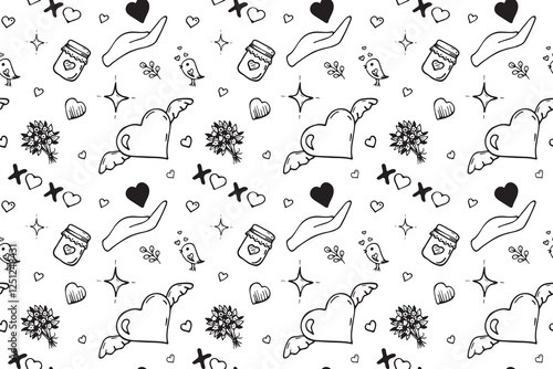 Doodle hand-drawn pattern with love elements on white background. Valentines Day pattern. Design for textile, wrapping papper, decoration, backdrop. Valentines Day background. Vector illustration.