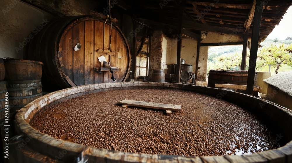 Winery fermentation vat, grapes, rustic cellar