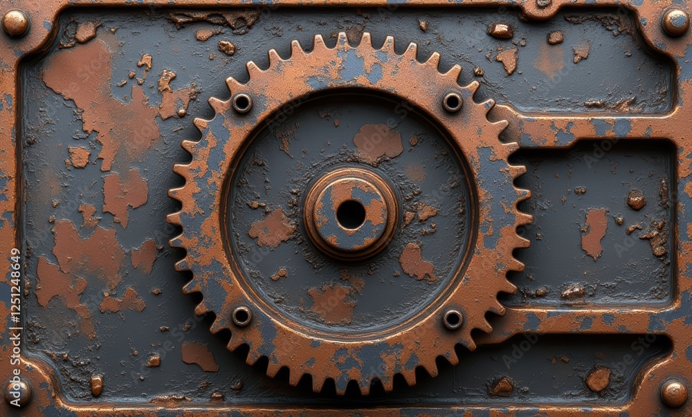 Rusty gear against a weathered backdrop Rusty gear against a weathered backdrop